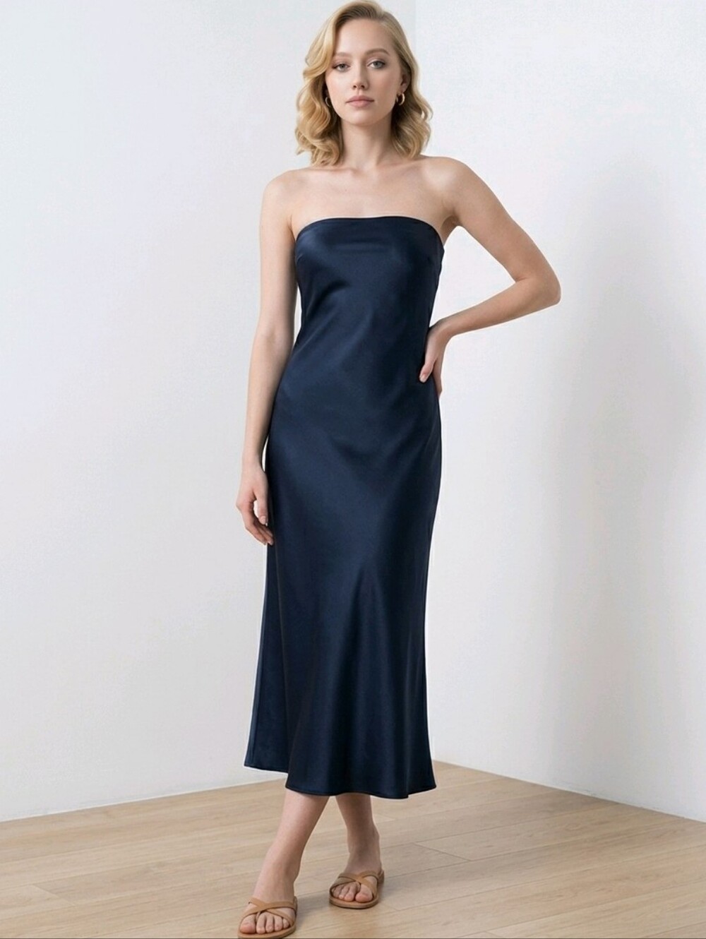 Quince 100% Washable Silk Strapless Navy Blue Midi Dress Size XS